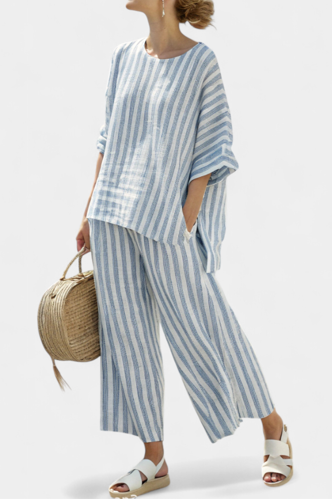 Rensleigh | Sophisticated Blue Striped Linen Top &amp; Relaxed Pants