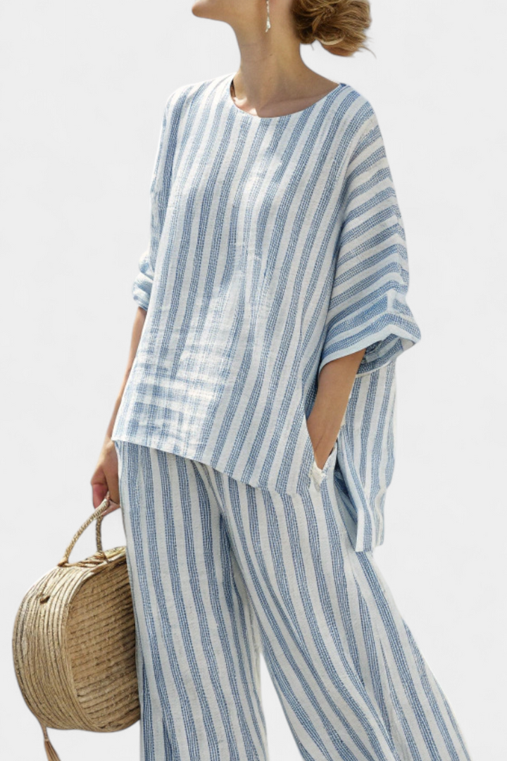 Rensleigh | Sophisticated Blue Striped Linen Top &amp; Relaxed Pants