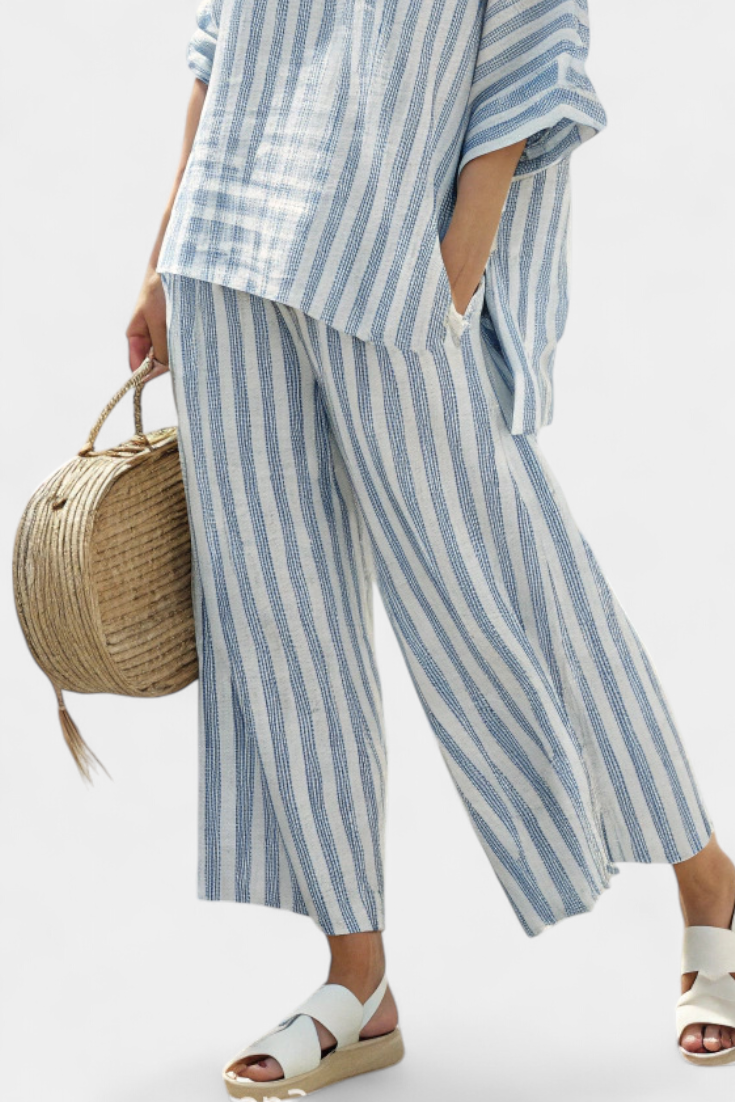 Rensleigh | Sophisticated Blue Striped Linen Top &amp; Relaxed Pants