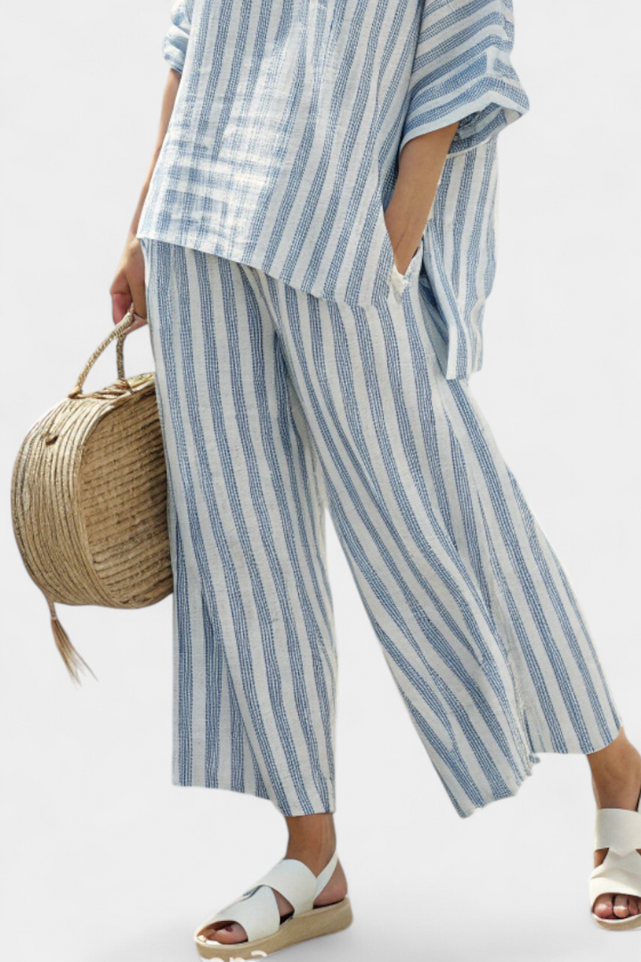 Rensleigh | Sophisticated Blue Striped Linen Top &amp; Relaxed Pants