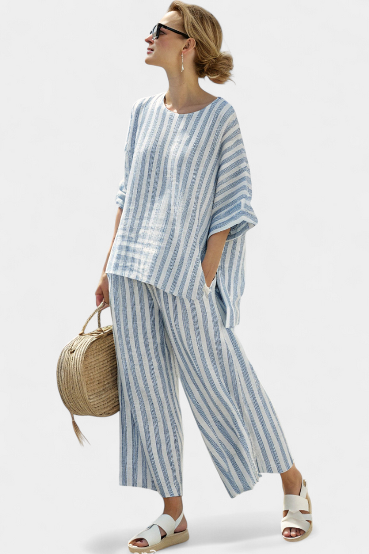 Rensleigh | Sophisticated Blue Striped Linen Top &amp; Relaxed Pants