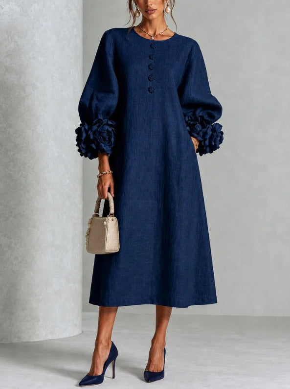 Hadlee Rosette-Cuff Button Midi Dress in blue