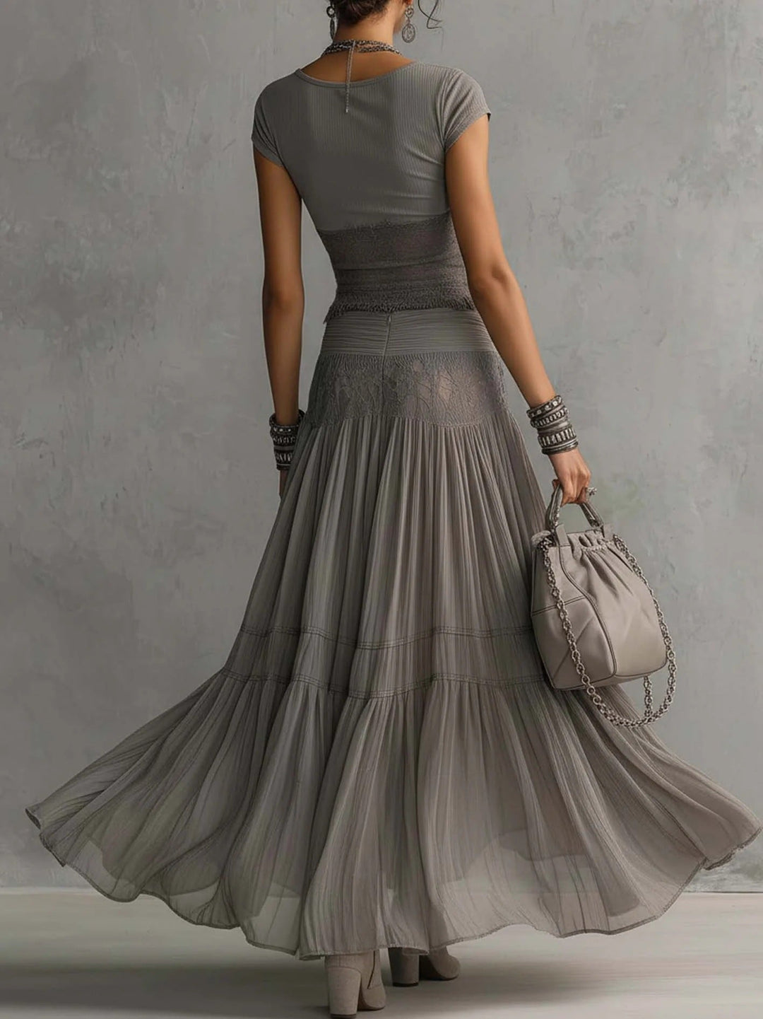 Marianne | Gray transparent top with lace details and pleated maxi skirt (set)