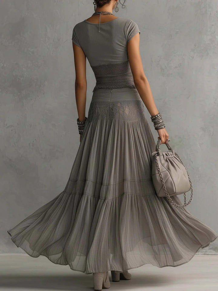 Marianne | Gray transparent top with lace details and pleated maxi skirt (set)