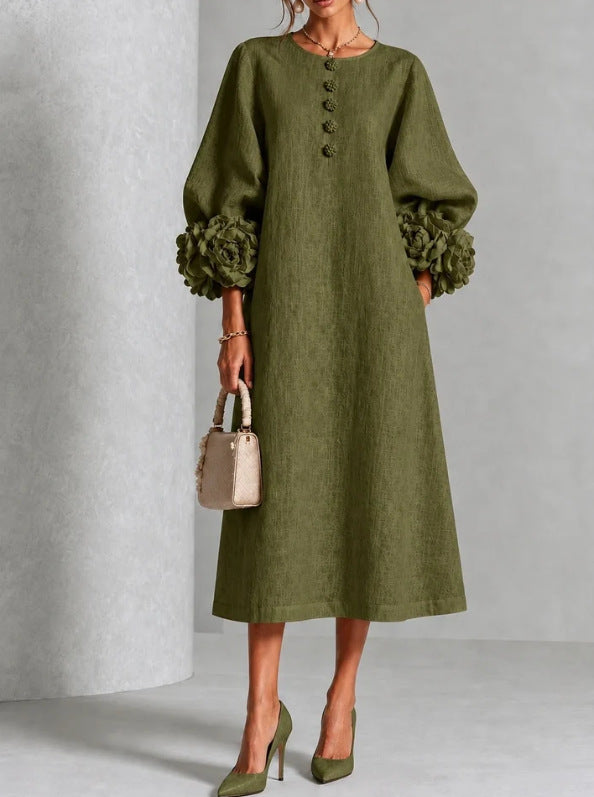 Hadlee Rosette-Cuff Button Midi Dress in green