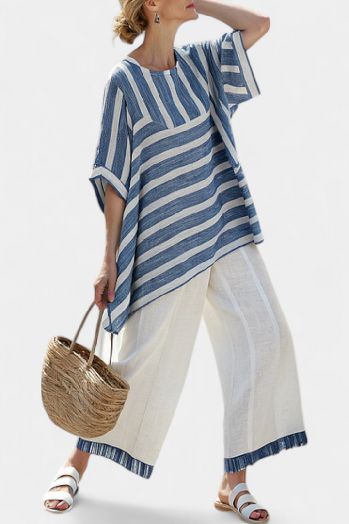 Corvielle | Sophisticated Blue Striped Top &amp; Hem-Detailed Pants
