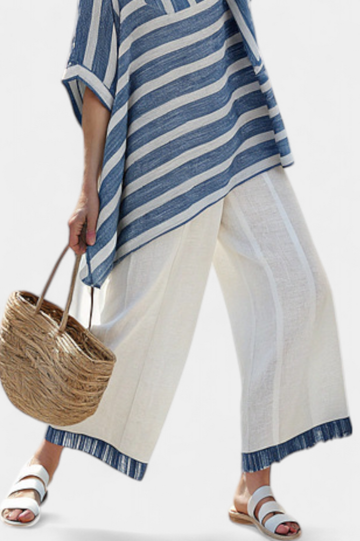 Corvielle | Sophisticated Blue Striped Top &amp; Hem-Detailed Pants