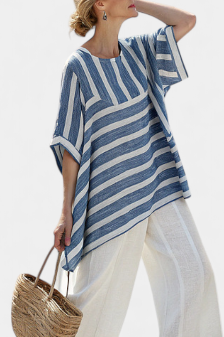 Corvielle | Sophisticated Blue Striped Top &amp; Hem-Detailed Pants