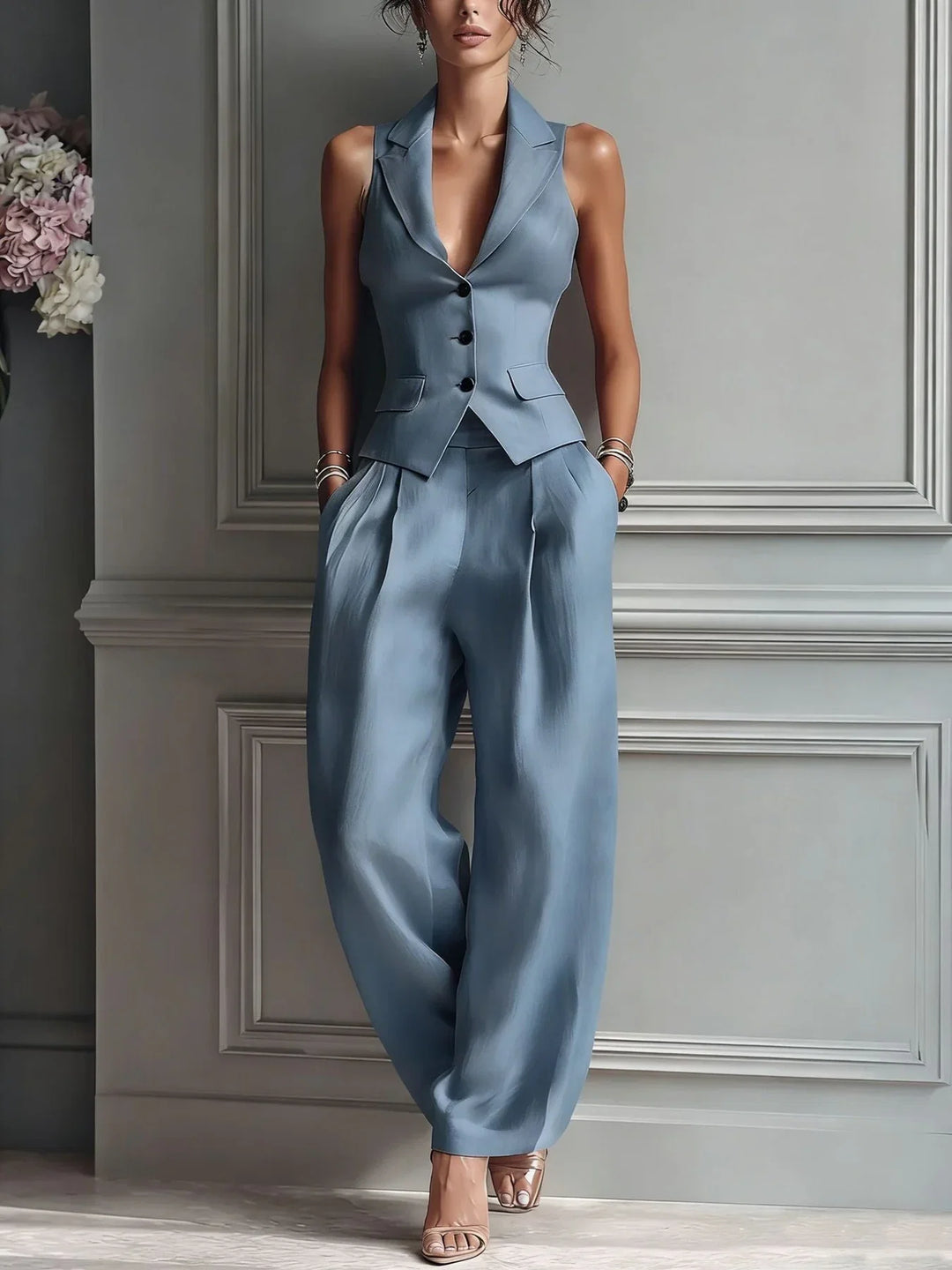 Zara | Buttoned Two-Piece Set with V-Neck