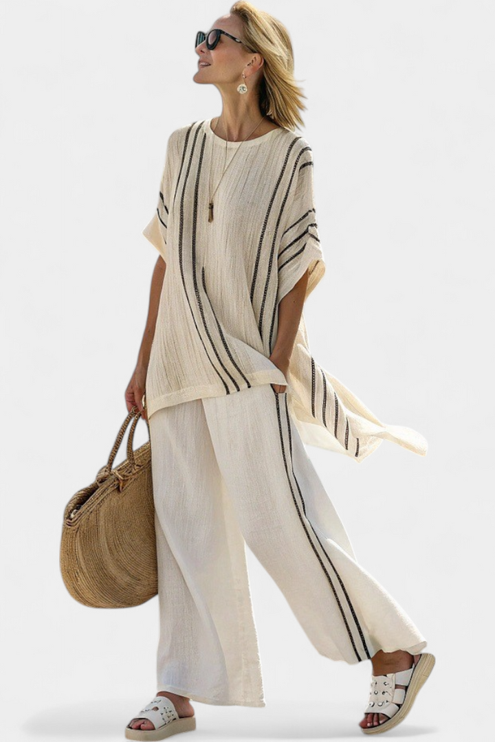 Greysen | Elegant Ivory Linen Blouse &amp; Black Striped Pants