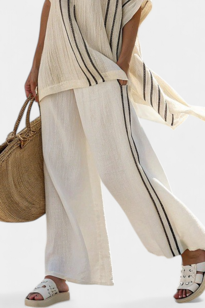 Greysen | Elegant Ivory Linen Blouse &amp; Black Striped Pants