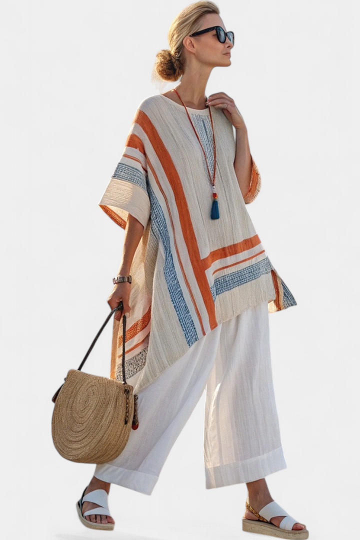 Caevan | Sophisticated Asymmetrical Blouse &amp; Wide-Leg Linen Pants