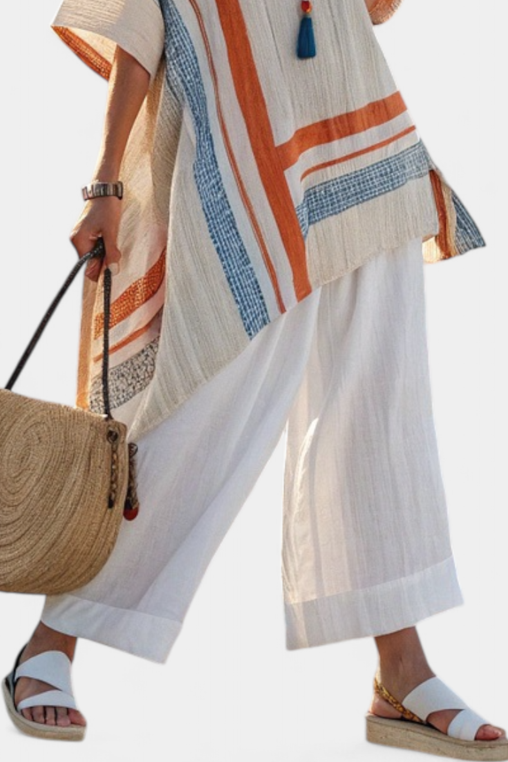Caevan | Sophisticated Asymmetrical Blouse &amp; Wide-Leg Linen Pants