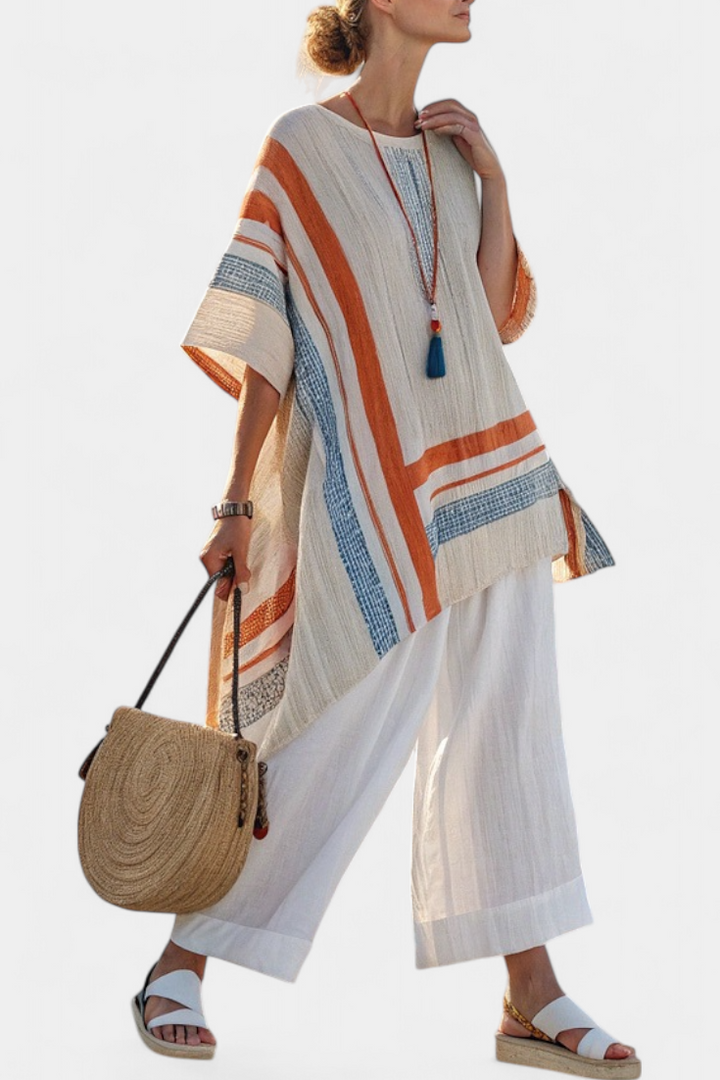 Caevan | Sophisticated Asymmetrical Blouse &amp; Wide-Leg Linen Pants