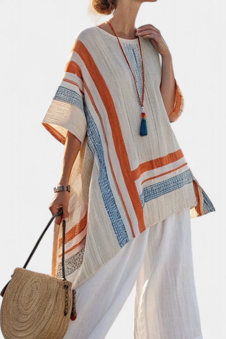 Caevan | Sophisticated Asymmetrical Blouse &amp; Wide-Leg Linen Pants