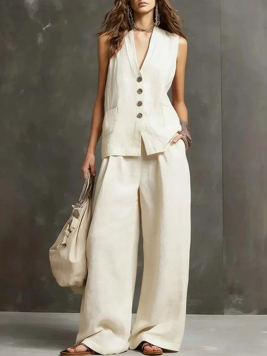 Irina | Cotton and Linen Two-Piece Set with Sleeveless Vest and Wide-Leg Pants