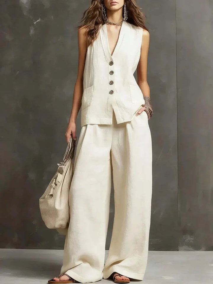 Irina | Cotton and Linen Two-Piece Set with Sleeveless Vest and Wide-Leg Pants