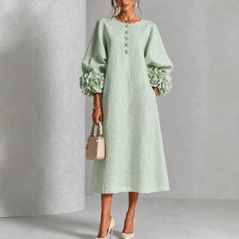 Hadlee Rosette-Cuff Button Midi Dress in mint