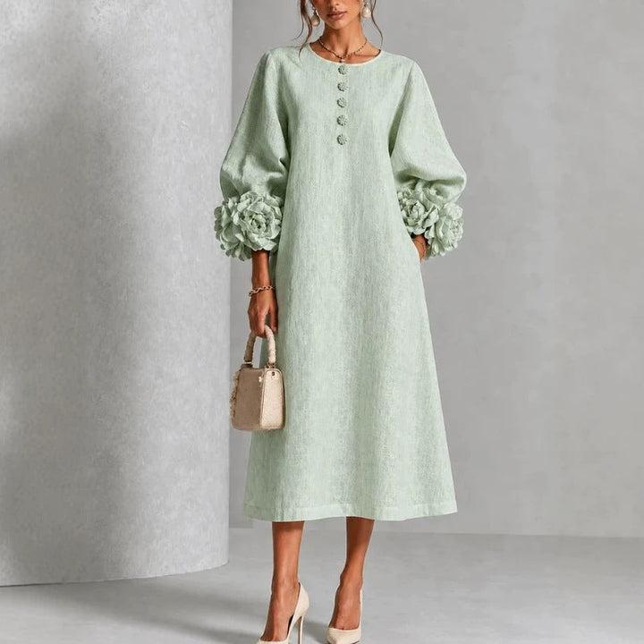 Hadlee Rosette-Cuff Button Midi Dress in mint