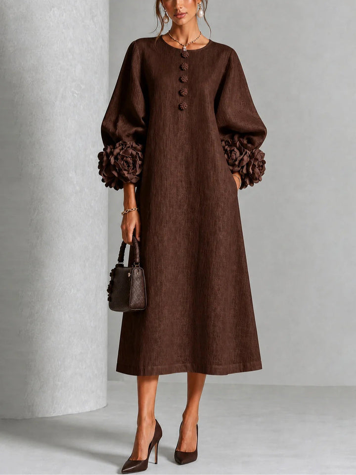 Hadlee Rosette-Cuff Button Midi Dress in brown