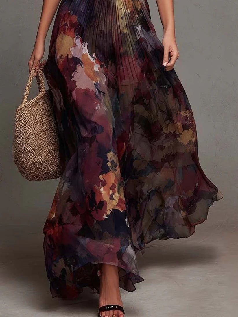 Mira | Maxi Dress with Watercolor Floral Print, Pleats, and V-Neck