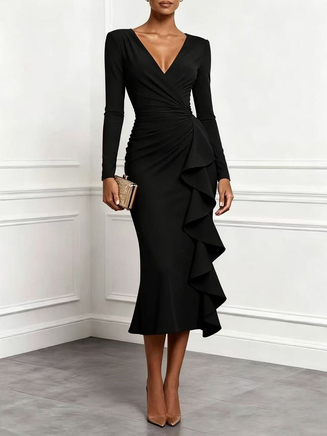 Zyla | Solid Blush‑Pink Wrap Ruffle Ruched Long‑Sleeve Midi Dress