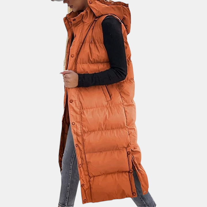 Wynona | Puffer Vest Quilted Hooded Maxi Length Button Down