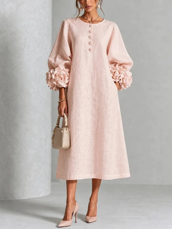Adeline | 3D Floral O-Neck Lantern-Sleeve Midi Dress for Women