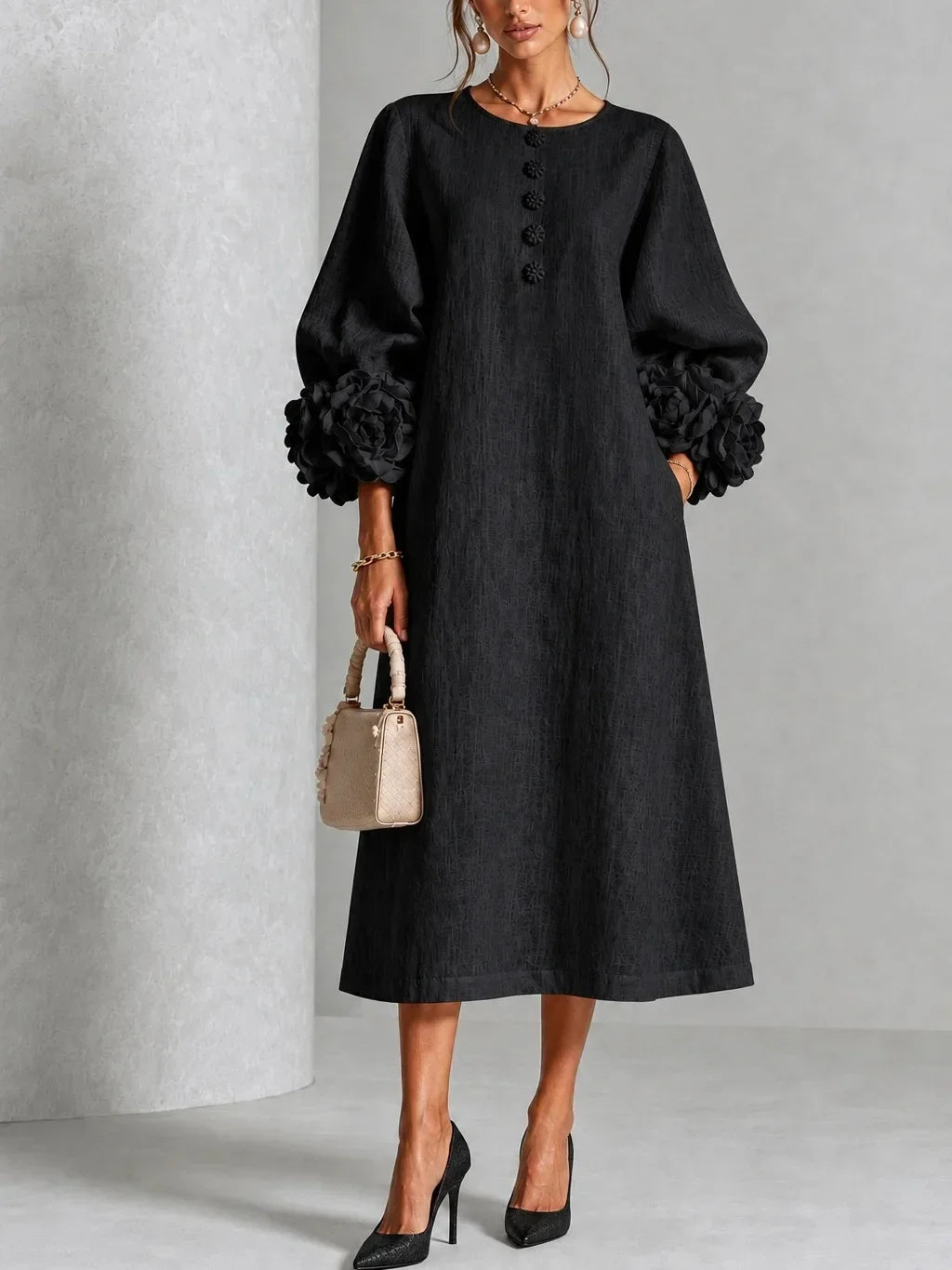 Adeline | 3D Floral O-Neck Lantern-Sleeve Midi Dress for Women