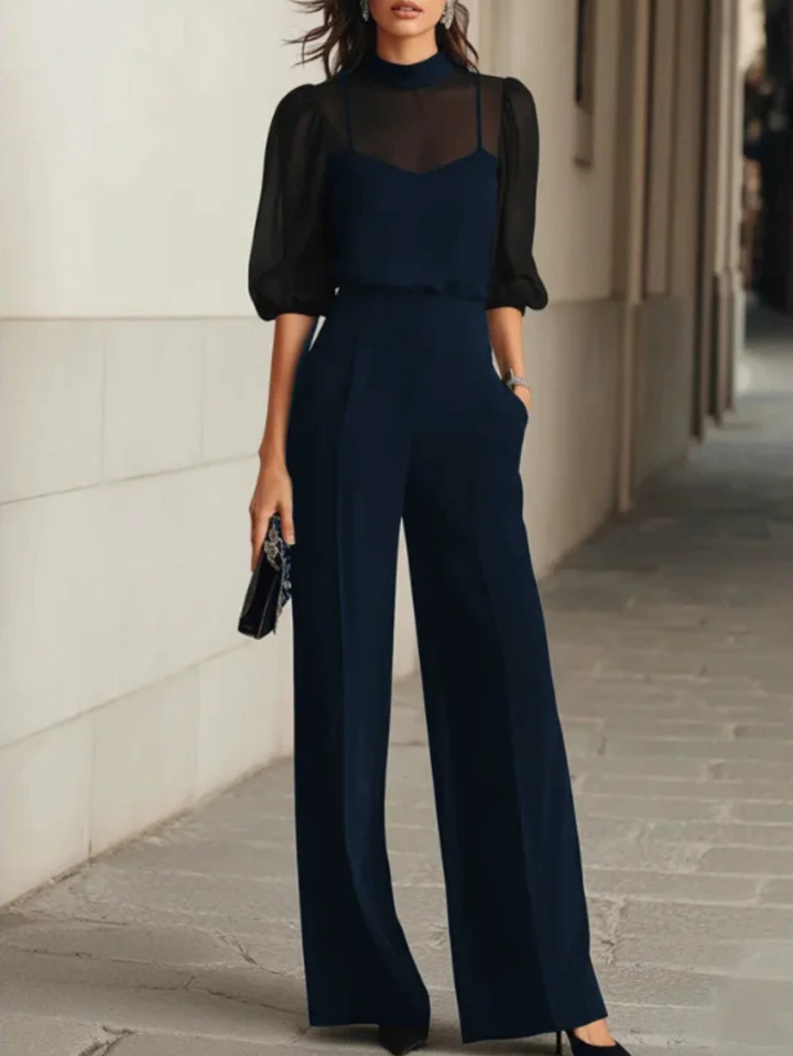 Thalia | Top and Wide Leg Black Chiffon Pants - Three Piece Set