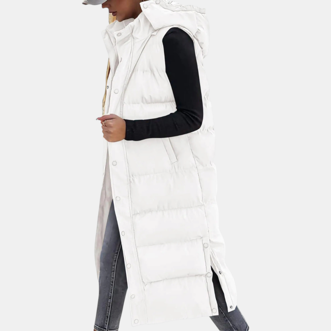 Wynona | Puffer Vest Quilted Hooded Maxi Length Button Down