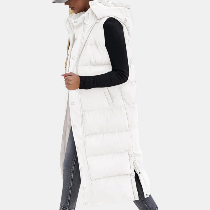 Wynona | Puffer Vest Quilted Hooded Maxi Length Button Down