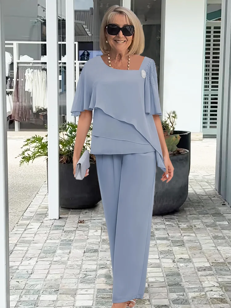 Ninon | Asymmetrical Layered Blouse and Wide-Leg Pants Set