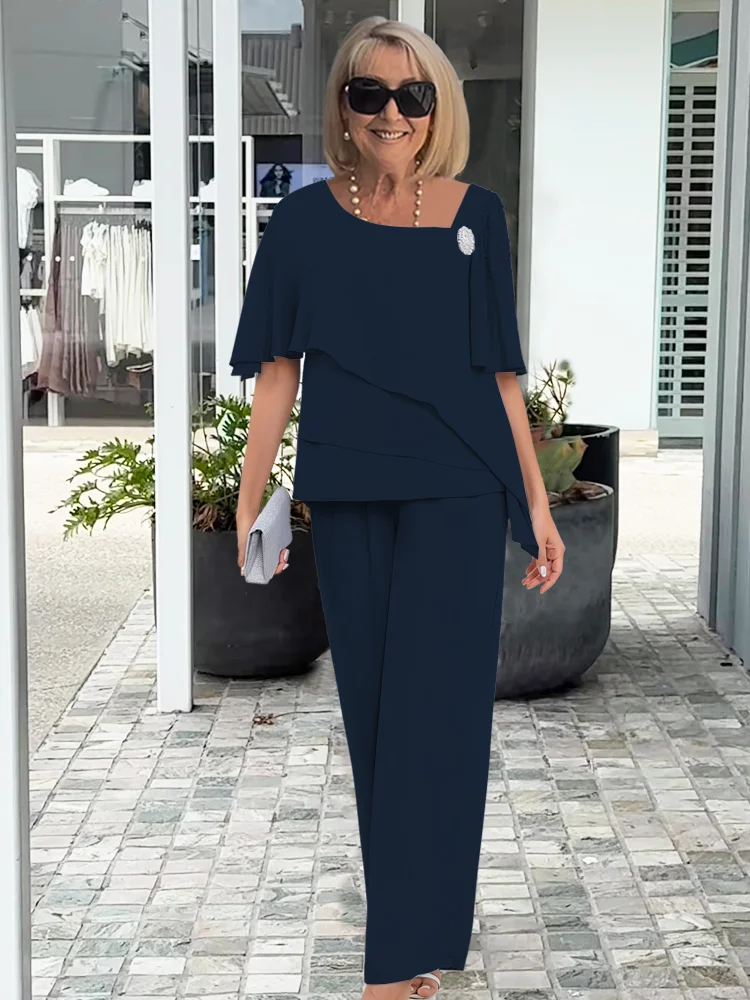 Ninon | Asymmetrical Layered Blouse and Wide-Leg Pants Set