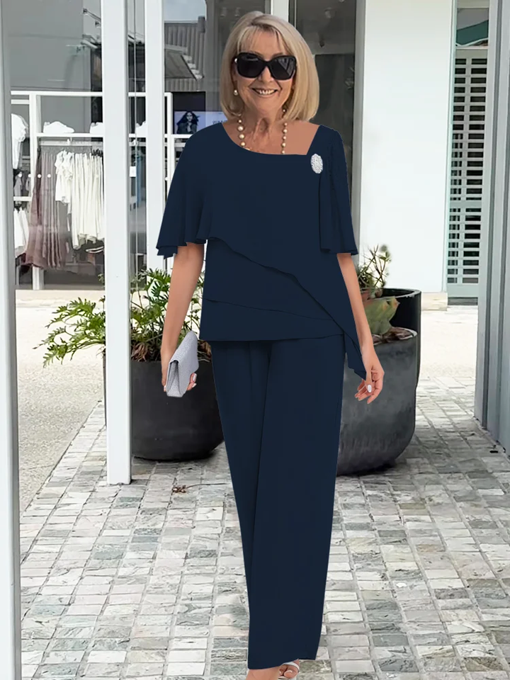 Ninon | Asymmetrical Layered Blouse and Wide-Leg Pants Set