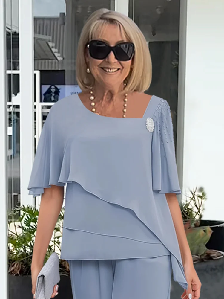 Ninon | Asymmetrical Layered Blouse and Wide-Leg Pants Set