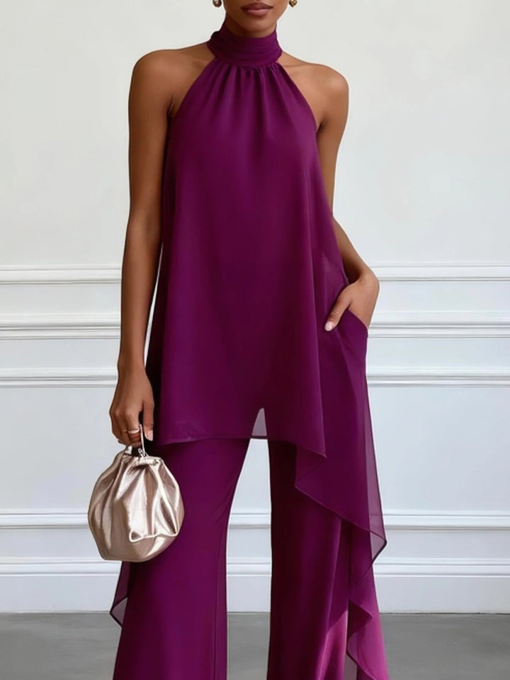 Maya | Purple Halter Sleeveless Elegant Top With Pants Two-Piece Set