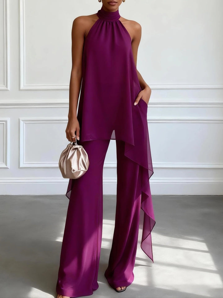 Maya | Purple Halter Sleeveless Elegant Top With Pants Two-Piece Set