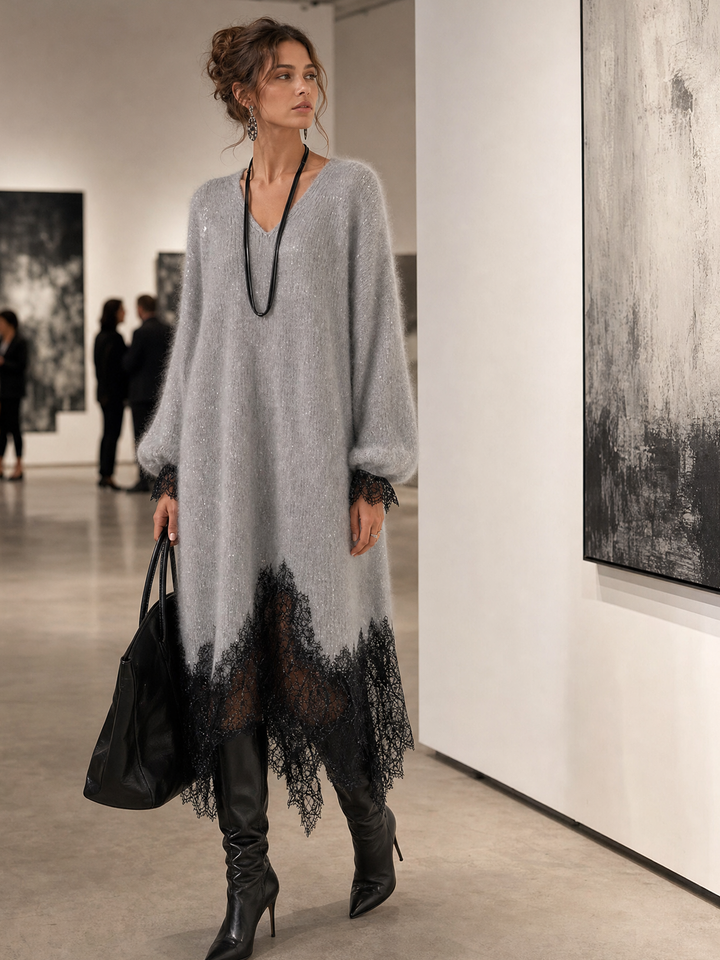Giovanna | Shimmer Knit Lace Hem Midi Dress
