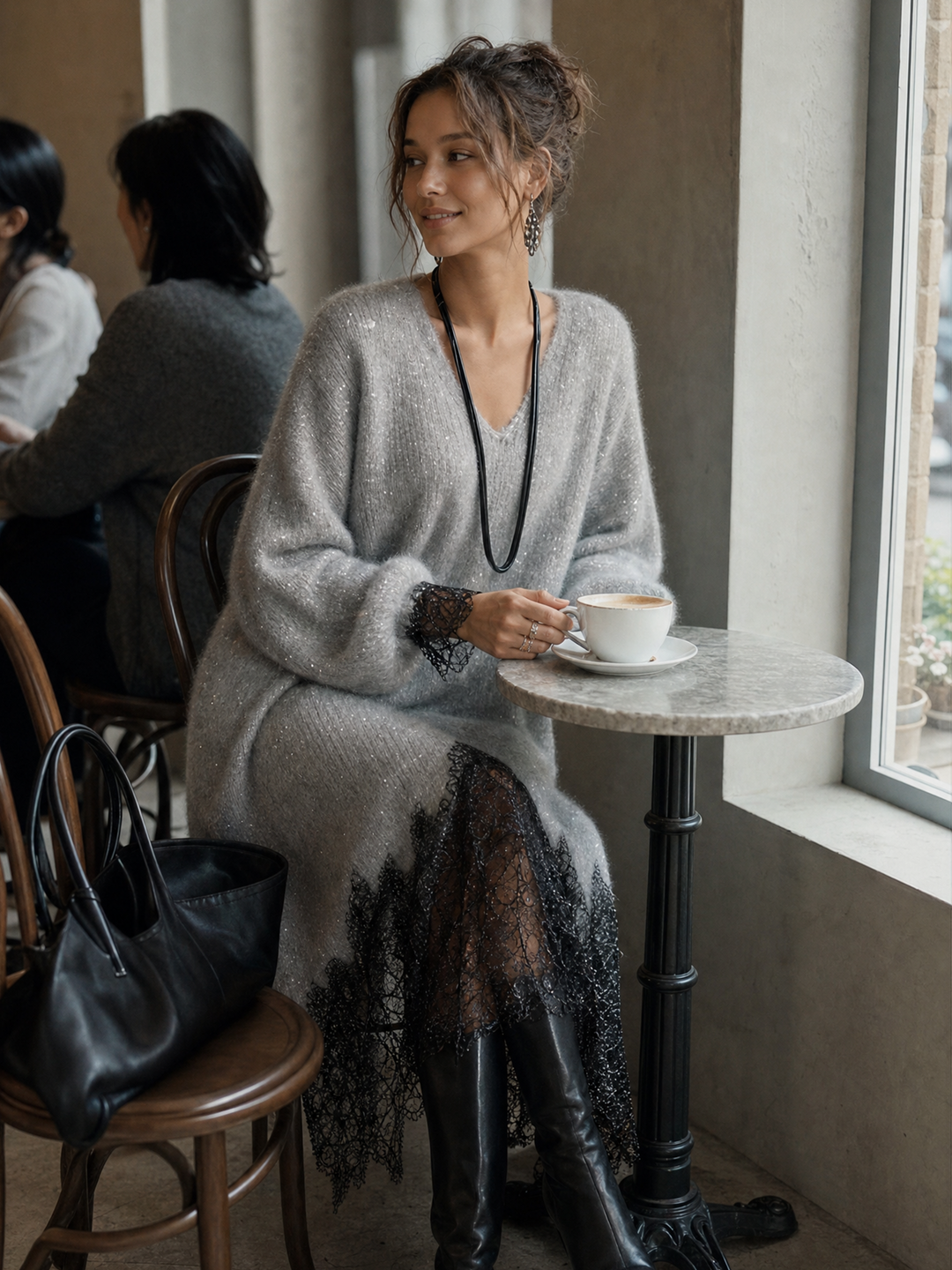 Giovanna | Shimmer Knit Lace Hem Midi Dress