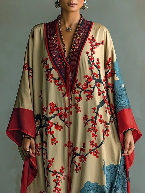 Jasmine | Japanese Red Plum Blossom Maxi Dress with Batwing Sleeves and Print