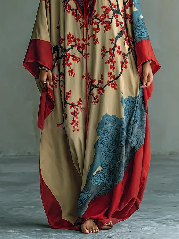 Jasmine | Japanese Red Plum Blossom Maxi Dress with Batwing Sleeves and Print
