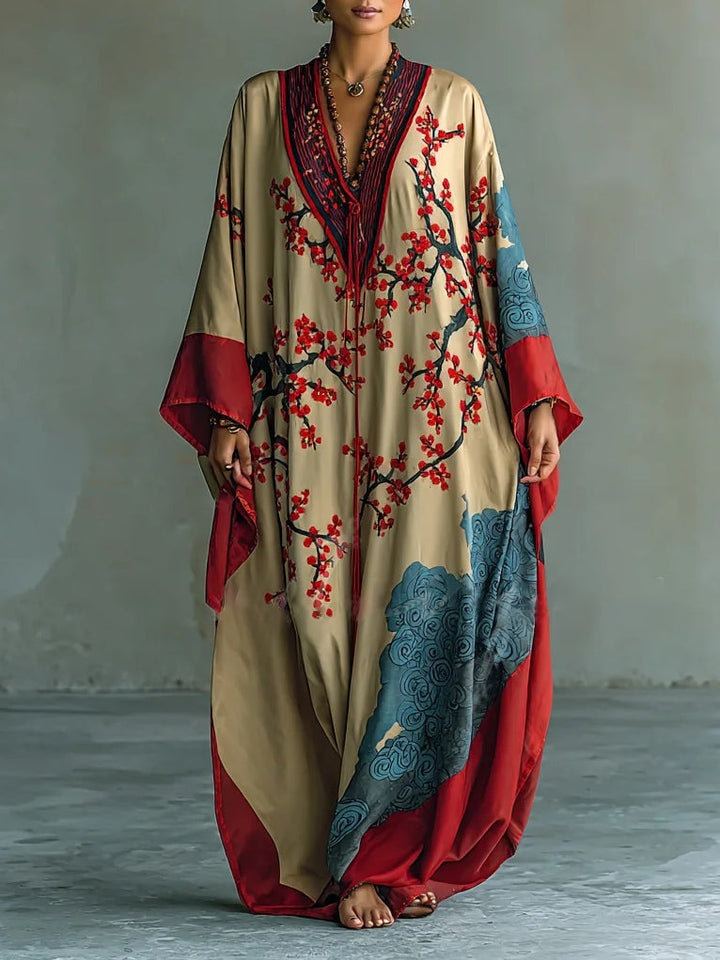Jasmine | Japanese Red Plum Blossom Maxi Dress with Batwing Sleeves and Print