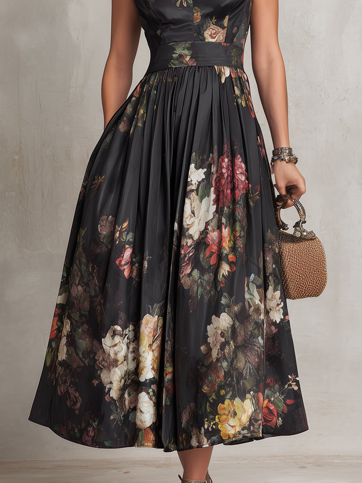 Letizia | Black Keyhole Collar Floral Pleated Satin Midi Dress