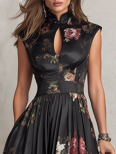 Kim | Black Keyhole Collar Floral Pleated Satin Midi Dress