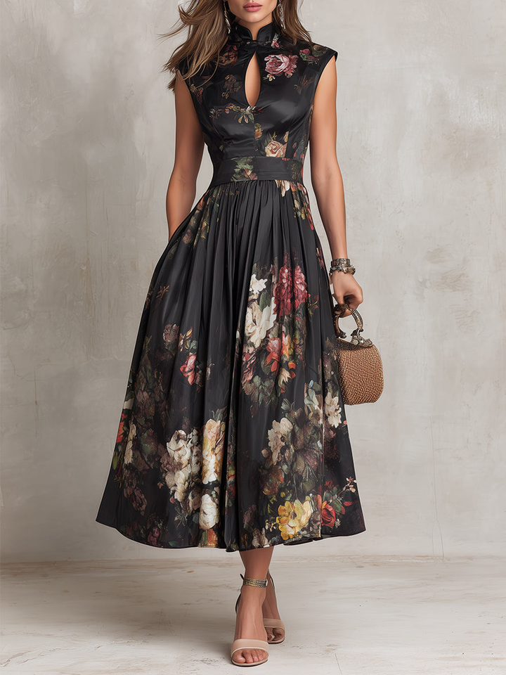 Letizia | Black Keyhole Collar Floral Pleated Satin Midi Dress