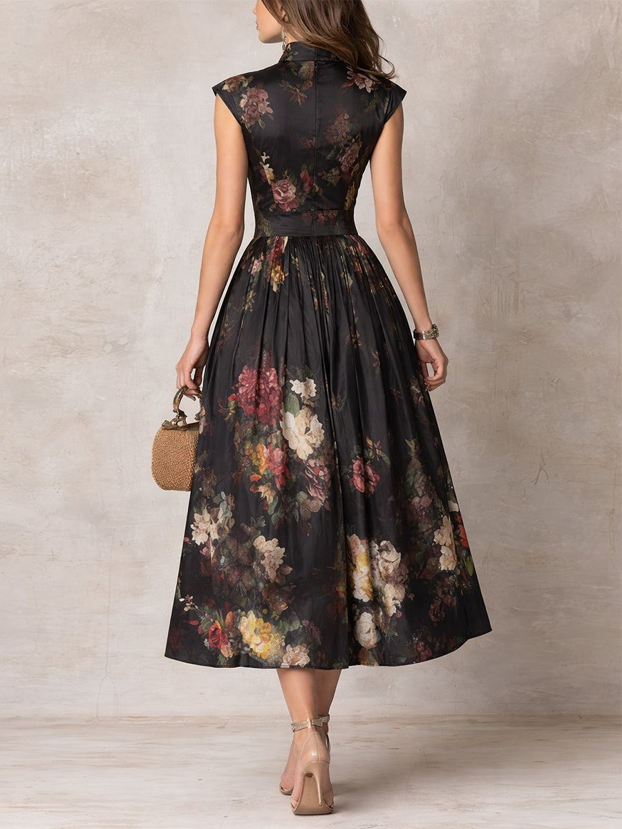 Letizia | Black Keyhole Collar Floral Pleated Satin Midi Dress