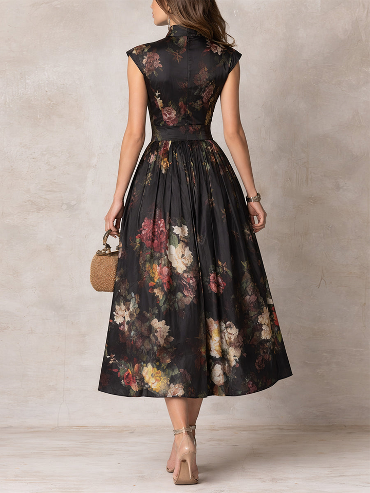 Letizia | Black Keyhole Collar Floral Pleated Satin Midi Dress