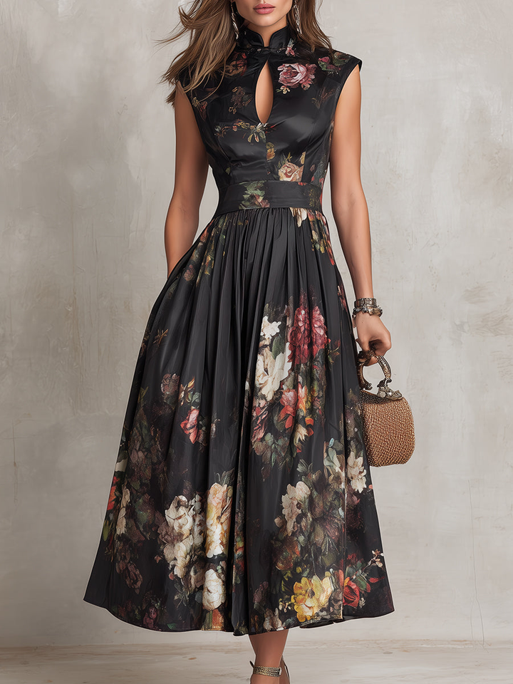 Letizia | Black Keyhole Collar Floral Pleated Satin Midi Dress