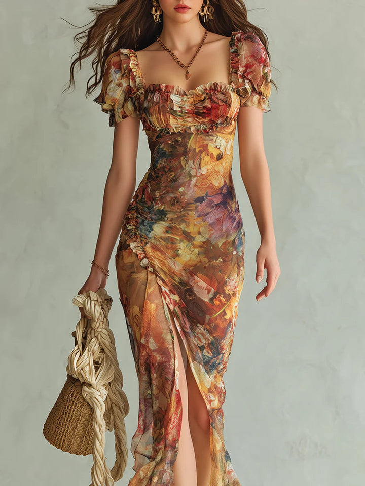 Elora | Orange Bohemian Holiday Oil Painting Print Chiffon Maxi Dress